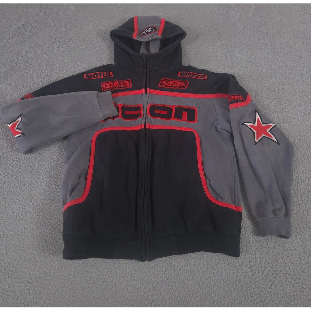 Icon Jacket Mens L Gray Black Anthem Hoody Racing Patch Heavy Cotton Full Zip